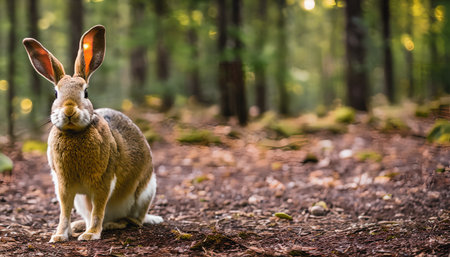 Rabbit in the forest. Animal in the nature habitat. brown hare.の素材