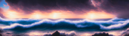 Panoramic view of a beautiful sunset over the sea with clouds.の素材