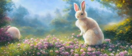Easter bunny in the meadow with pink flowers. Easter background.の素材