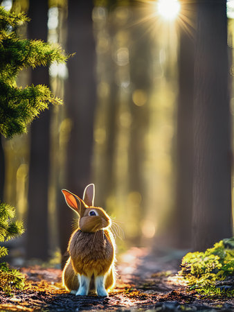 Rabbit in the forest at sunset. Easter bunny in the forestの素材