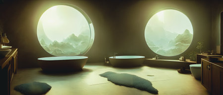 Bathroom interior with round mirror and panoramic view of mountainsの素材