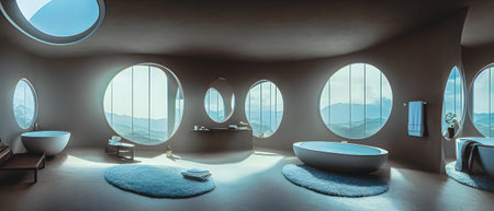 Interior of modern bathroom with panoramic view on mountains. 3d renderingの素材