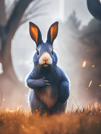 Cute little rabbit in the meadow at sunset. Easter theme.の素材