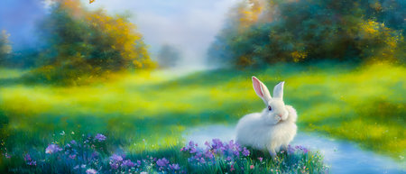 Easter background with white rabbit on green meadow with flowers.の素材