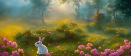 Rabbit in a meadow with pink flowers. digital painting.の素材