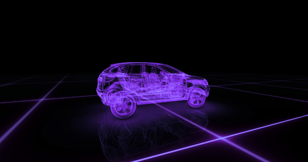 Sport car wire model with purple neon ob black backgroundの写真素材