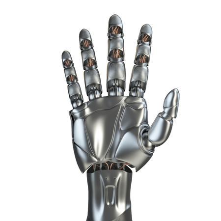 Futuristic design concept of a robotic mechanical arm . Cybernetic organism with Artificial Intelligence working with virtual world. Template Isolated on white background.の写真素材