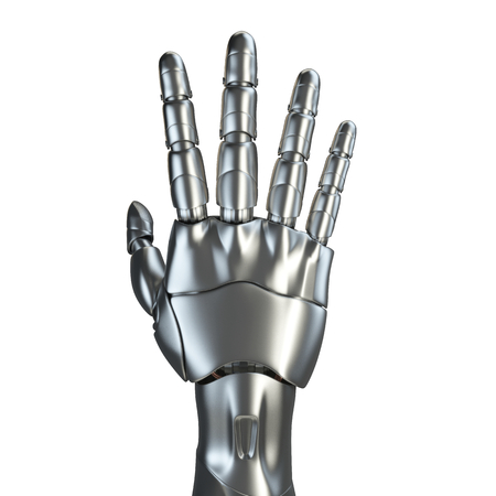 Futuristic design concept of a robotic mechanical arm . Cybernetic organism with Artificial Intelligence working with virtual world. Template Isolated on white background.の写真素材