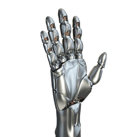 Futuristic design concept of a robotic mechanical arm . Cybernetic organism with Artificial Intelligence working with virtual world. Template Isolated on white background.の写真素材