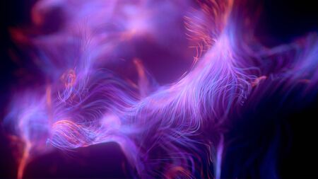 Floating lines with depth of field. 3d render animation, abstract background, fluorescent ultraviolet light, glowing neon lines, moving forward blue pink spectrum, modern colorful illuminationの写真素材