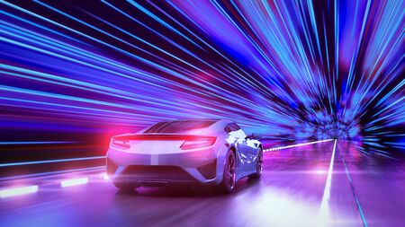A modern sports car drives quickly through an abstract light tunnel . 3d renderの写真素材