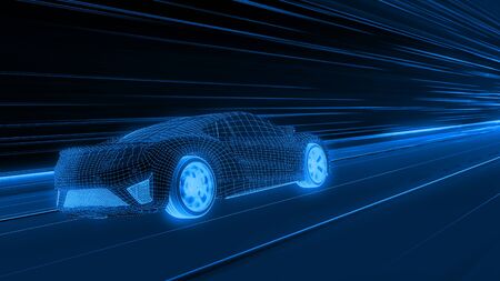 A modern sports car drives quickly through an abstract light tunnel . 3d renderの写真素材