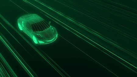 A modern sports car drives quickly through an abstract light tunnel . 3d illustrationの写真素材
