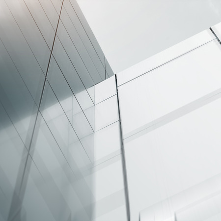 Wide angle abstract background view of steel light blue high rise commercial building skyscraper made of glass exterior. concept of successful industrial architecture and office center buildingの写真素材