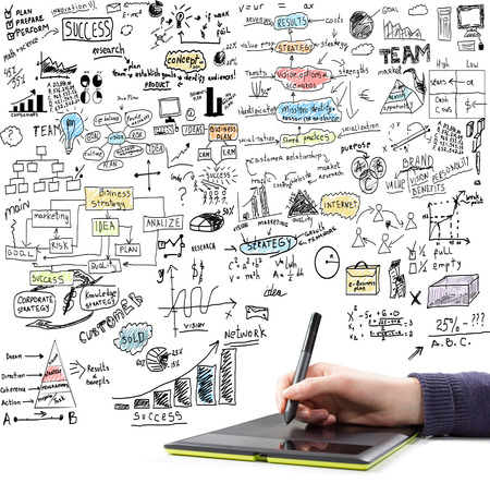 Hand drawing  brainstorming doodles elements on business communication and social media theme. Isolated on whte backgroundの写真素材