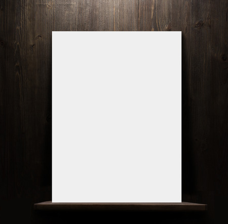 dark wooden background texture.wall with shelf and blank posterの写真素材