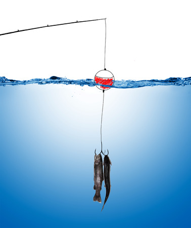fishing line and hook underwater with fish under water surfaceの写真素材