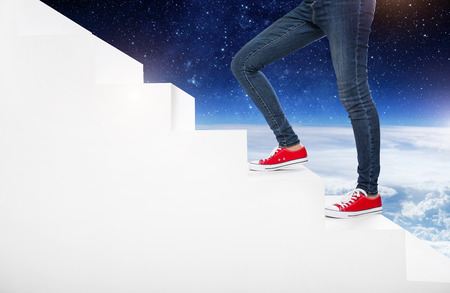 woman climb stairs to sky