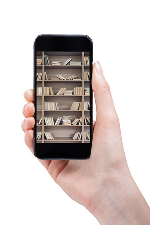 Hand holding phone with library insideの写真素材