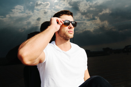 Hipster wearing white blank t-shirtの写真素材