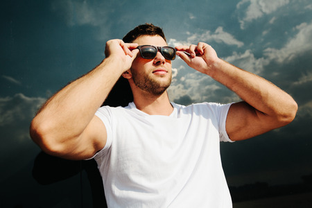 Hipster wearing white blank t-shirtの写真素材