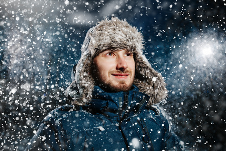 Man in the snow stormの写真素材