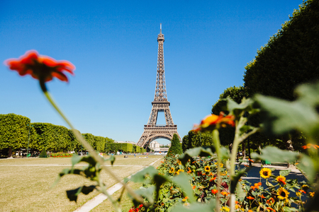 Paris, France - June 19, 2017: View of Eiffel tower, view from Champ de Mars in the morning with a blue sky in a backgroundのeditorial素材