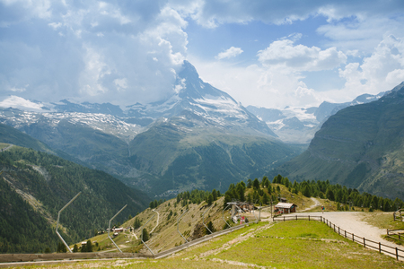Matterhorn Mountain with white snow and blue sky in Zermatt city in Switzerlandの写真素材