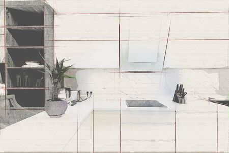 Modern kitchen sketch design interior. 3D renderingの写真素材