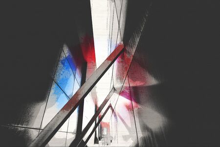 Wide angle abstract background view of steel light blue high rise commercial building skyscraper...