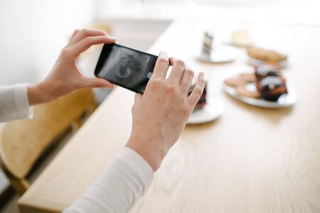Woman vlogger recording video for food channel. Cooker shef recording a video for vlog with a phoneの写真素材