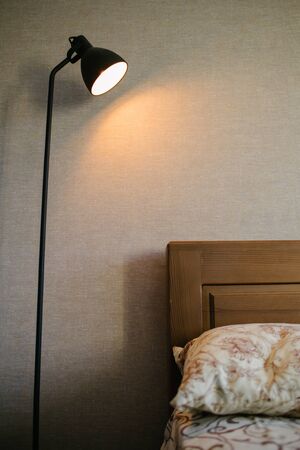 Black standing loft lamp in interior shining with edison bulb insideの写真素材