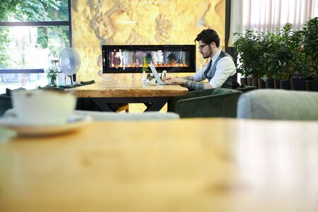 Young handsome man sitting in a restaurant and working on laptopの写真素材