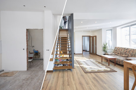 Home renovation concept. Before and after interior in modern styleの写真素材