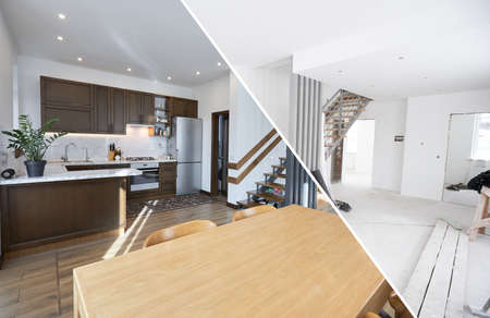 Home renovation concept. Before and after interior in modern styleの写真素材