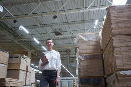 Business woman in Industrial Carpentry factory - production of wooden boards with modern machinesの写真素材