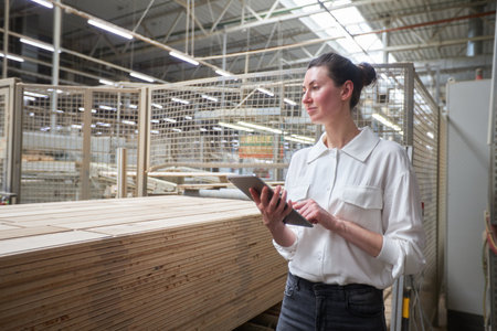 Business woman in the carpentry factory using tablet pc. Carpentry factory. Factory for the production of parquet boardの写真素材