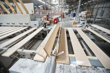 Carpentry factory. Automated equipment for laminate production. Modern robotic factory indoors. Woodworking productionの写真素材