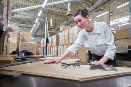 Business woman worker in the carpentry factory using tablet pc. Carpentry factory. Factory for the production of parquet boardの写真素材