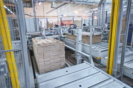 Carpentry factory. Automated equipment for laminate production. Modern robotic factory indoors. Woodworking productionの写真素材