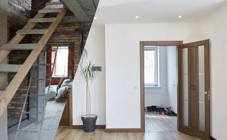 Home renovation concept. Before and after interior in modern styleの写真素材