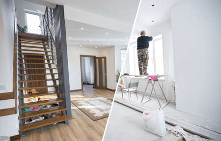 Home renovation concept. Before and after interior in modern style. Living room