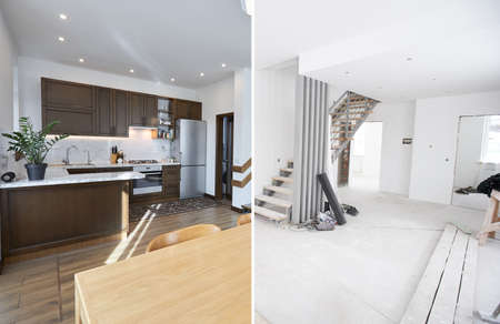 Home renovation concept. Before and after interior in modern style. Living roomの写真素材