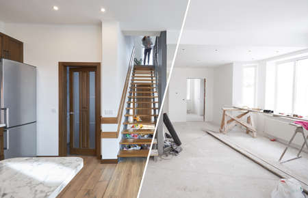 Home renovation concept. Before and after interior in modern style. Living roomの写真素材