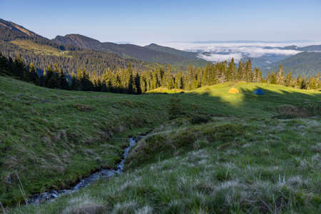 Mountains in summer. Outdoor wonderland or hiking scenery backgroundの写真素材