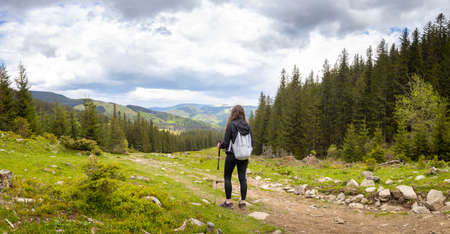 Woman hiker hiking in the mountains in summer to the highest ukrainian ridge Marmarosy near Romania.の写真素材