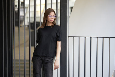 Woman or girl wearing black blank cotton t-shirt with space for your logo, mock up or design in casual urban styleの写真素材