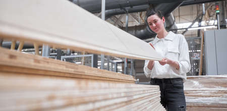 Business woman worker in the carpentry factory using tablet pc. Carpentry factory. Factory for the production of parquet boardの写真素材