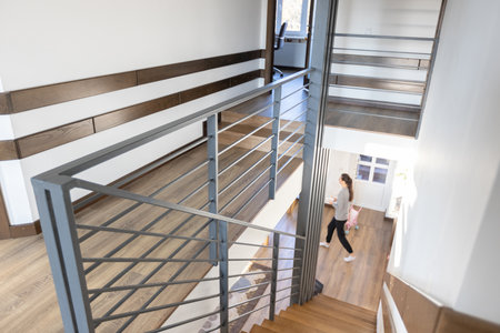 Modern metal stairway in scandinavian interiorの写真素材