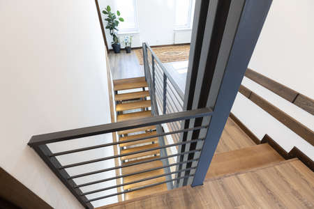 Modern metal stairway in scandinavian interiorの写真素材